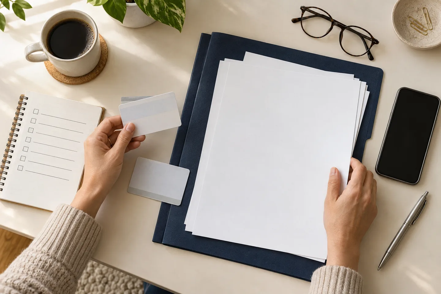 Documentos sin datos personales organizados sobre una carpeta azul marino